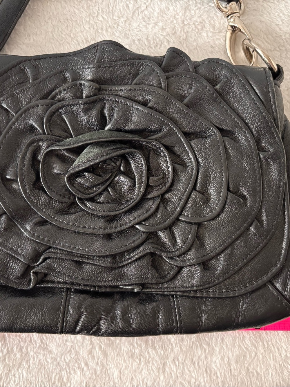 Genuine Leather Black Floral Rosette Shoulder Bag Coquette Romantic Cottagecore - Picture 10 of 11